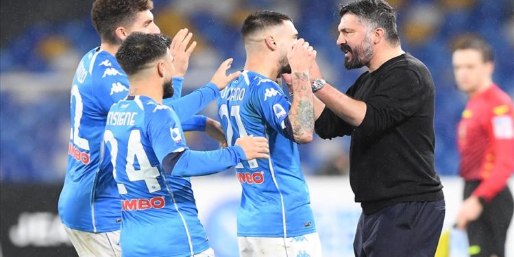 Il mister del Napoli Gattuso, gli attaccanti Insigne e Politano e il difensore Di Lorenzo