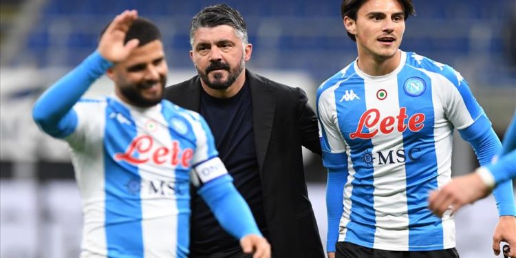 In foto, da sx a dx: Insigne, Gattuso ed Elmas (Foto dal sito del Napoli calcio)