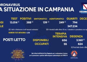 Covid-19, in Campania 388 positivi su 13.014 tamponi con 794 guariti e 5 vittime