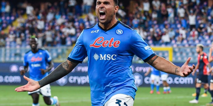 Napolis Italian forward Andrea Petagna celebrates after scoring a goal during the Italian Serie A soccer match Genoa Cfc vs Ssc Napoli at Luigi Ferraris stadium in Genoa, Italy, 29 August 2021ANSA/SIMONE ARVEDA