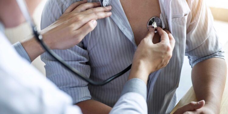 Doctor using a stethoscope checking patient with examining, presenting results symptom and recommend treatment method, Healthcare and medical concept.