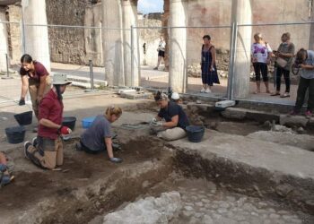 Pompei, Terme Stabiane, affiora pavimento a mosaico del salone di una casa più antica