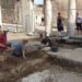 Pompei, Terme Stabiane, affiora pavimento a mosaico del salone di una casa più antica